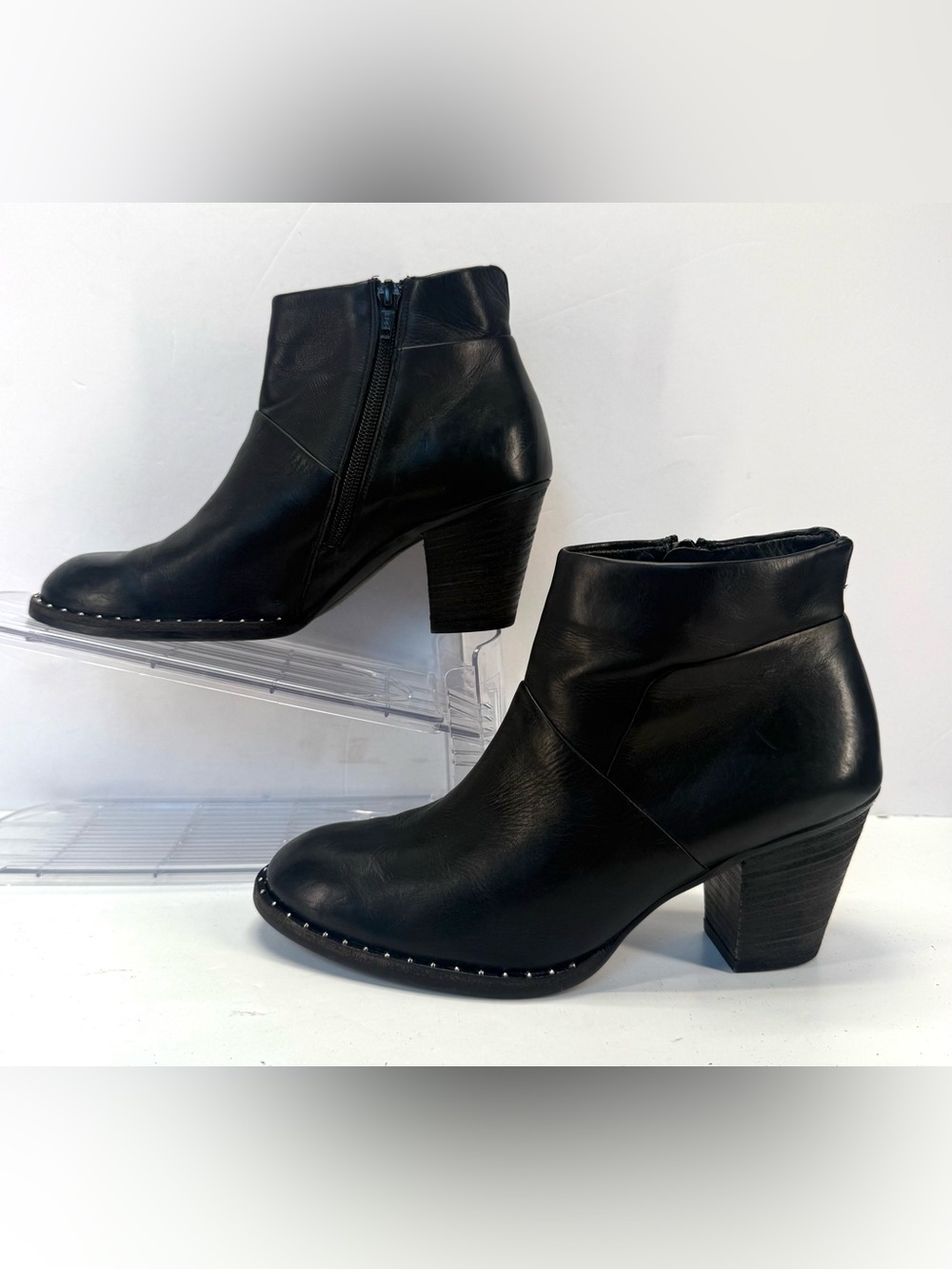 Paul Green Black Leather Ankle Booties with Stud Trim